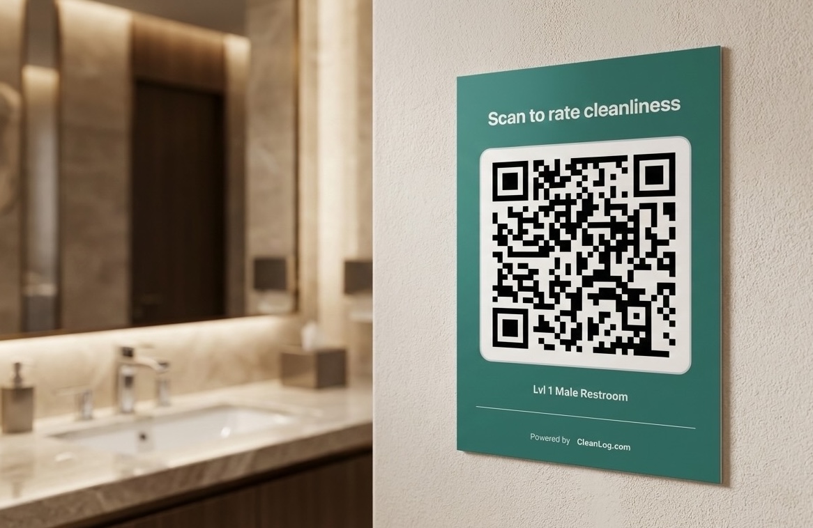 CleanLog QR code displayed in a restroom for easy scanning