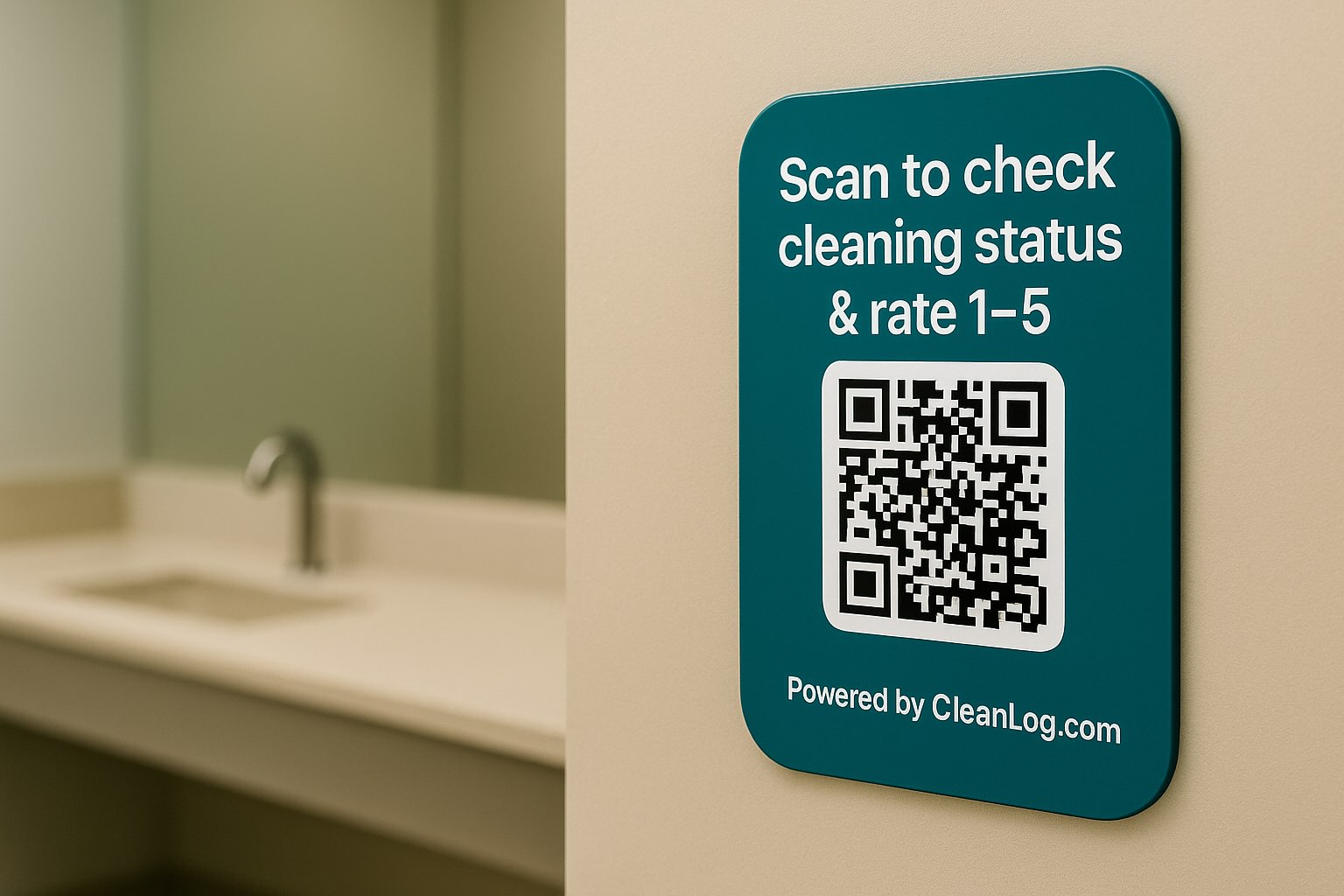 CleanLog QR inspection card next to a restroom sink with a phone scanning the code.