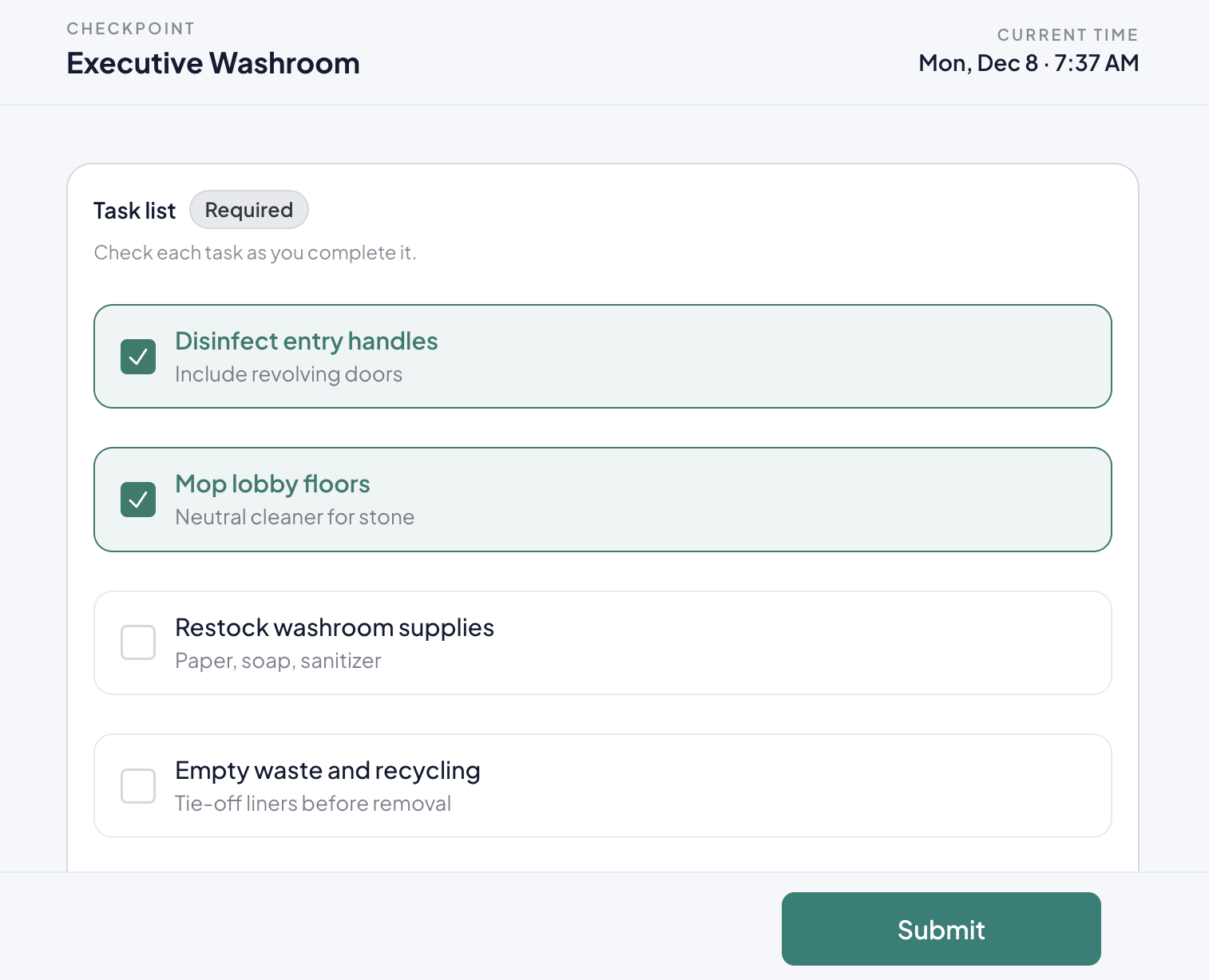 CleanLog mobile check-in form showing task list for Executive Washroom