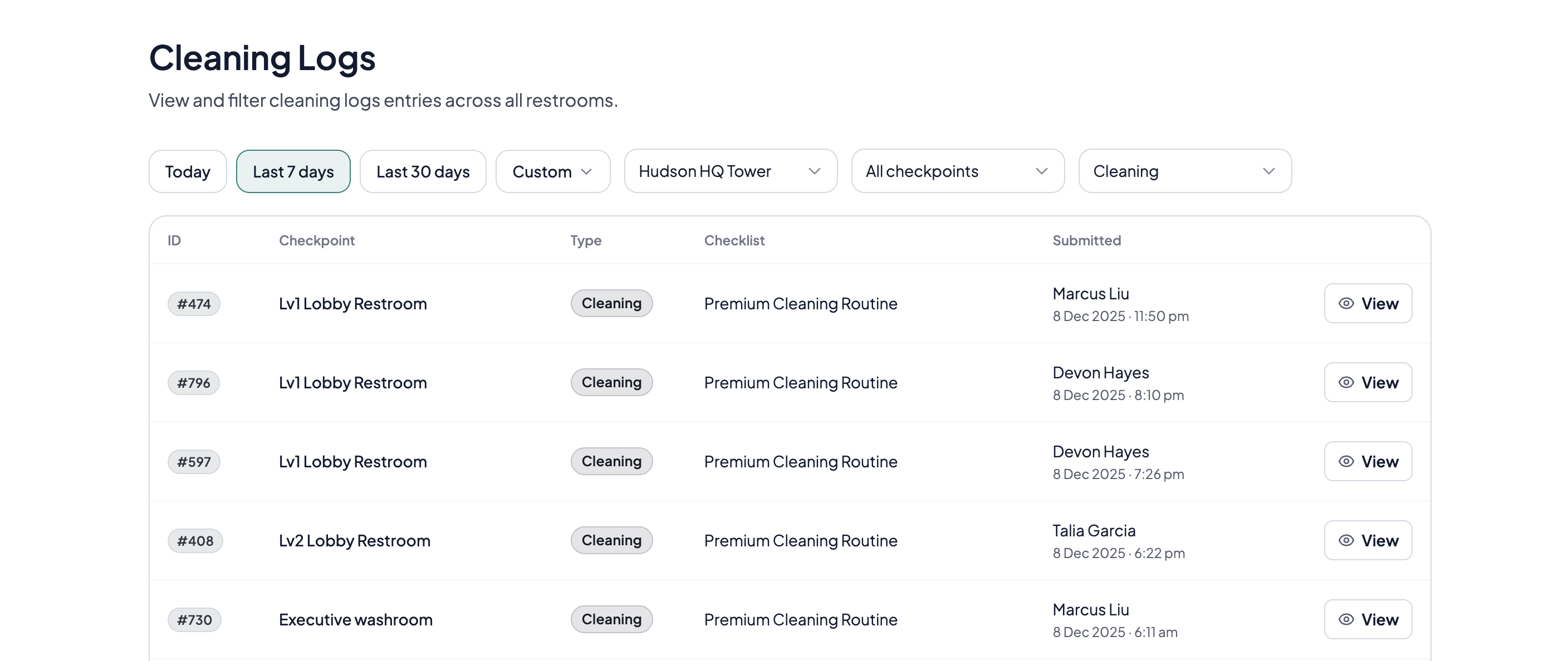 CleanLog dashboard showing cleaning log entries with filters