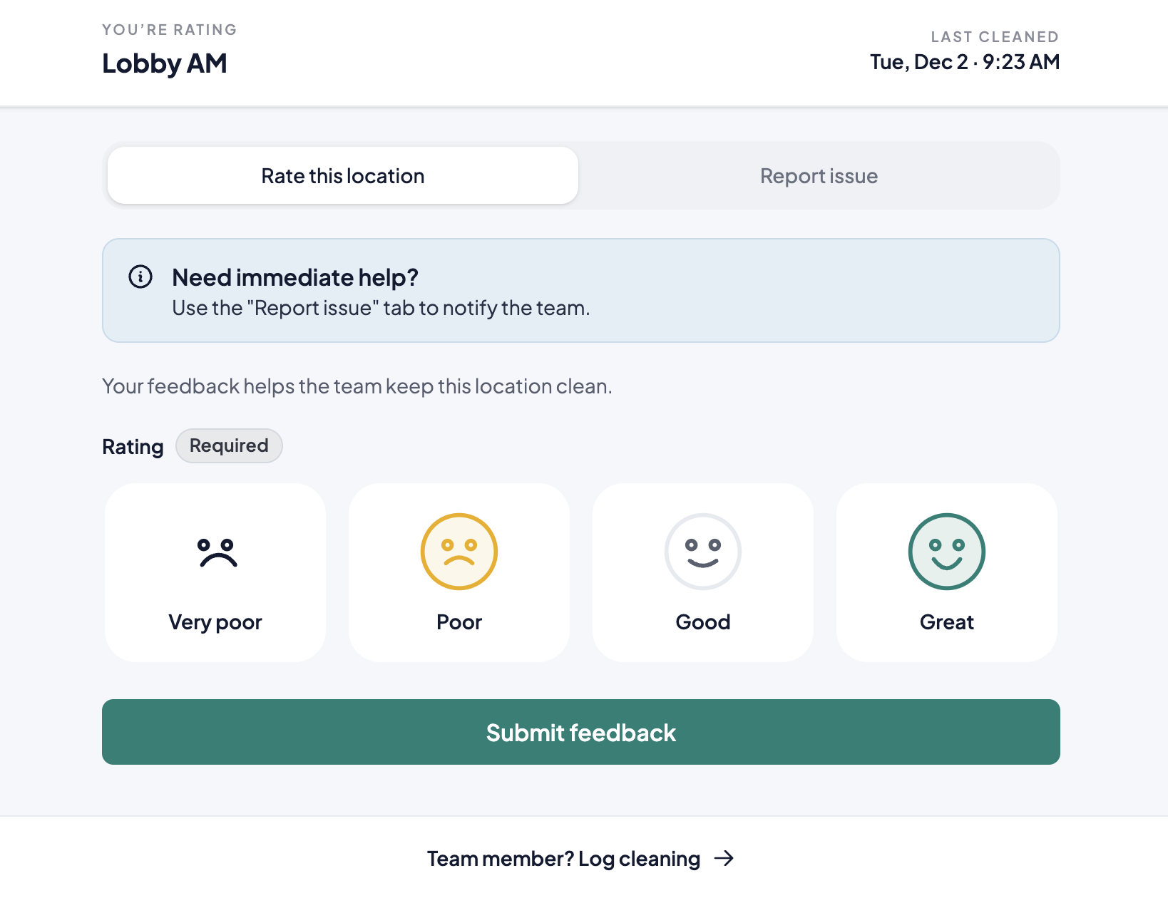 CleanLog visitor feedback form with rating buttons and issue toggle