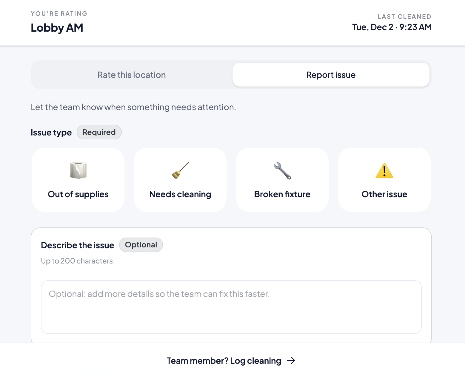 CleanLog issue reporting form with issue type selector and photo upload