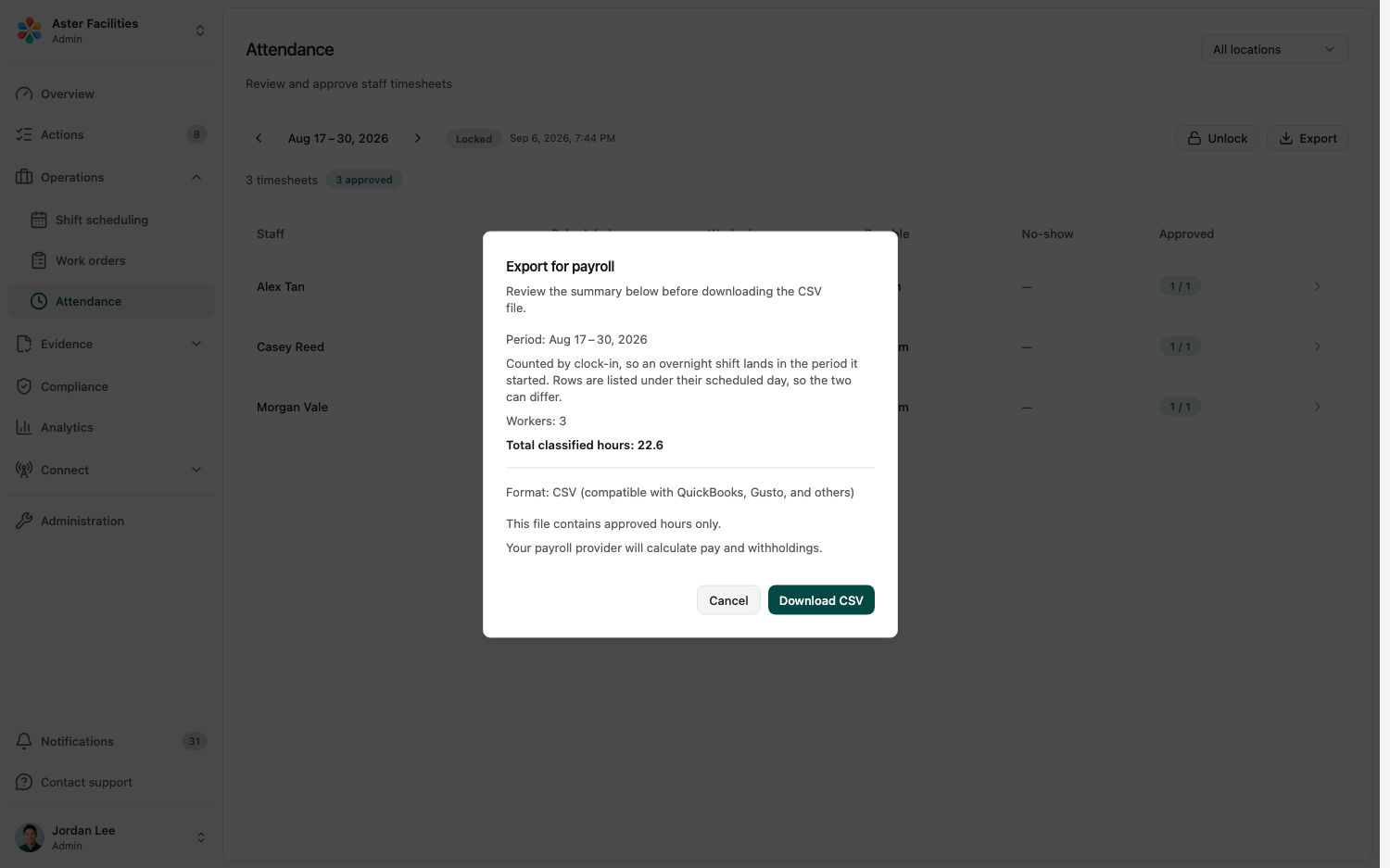 CleanLog timesheets for a closed period with the CSV export action, using demonstration data