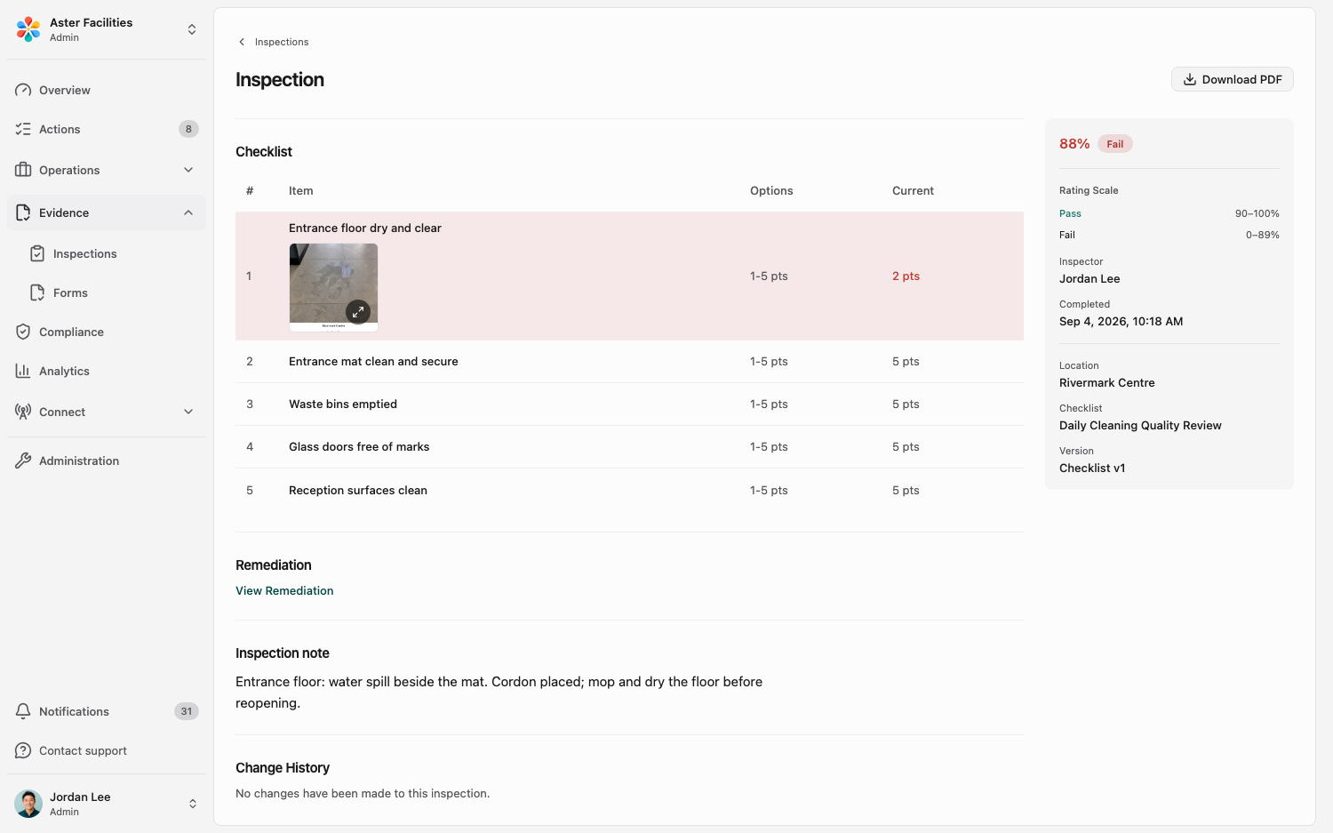CleanLog inspection record with item scores, photos, and the follow-up work order it created, using demonstration data