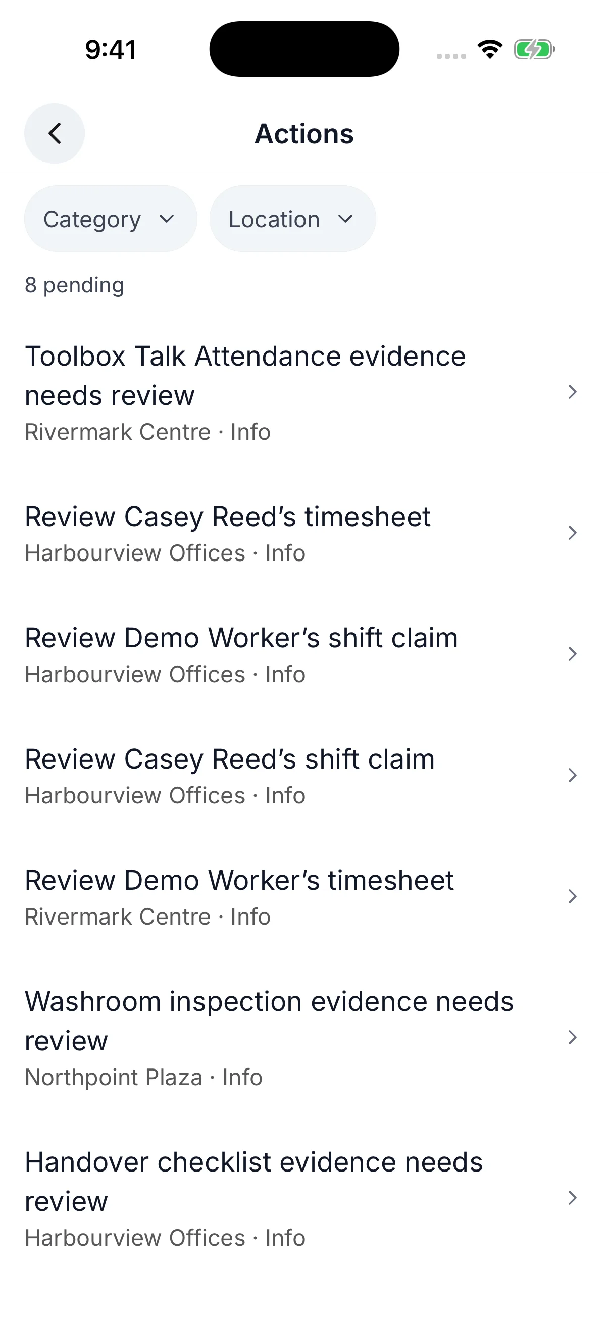 CleanLog Actions list showing eight pending form, timesheet, and shift-claim reviews, with category and location filters, using demonstration data