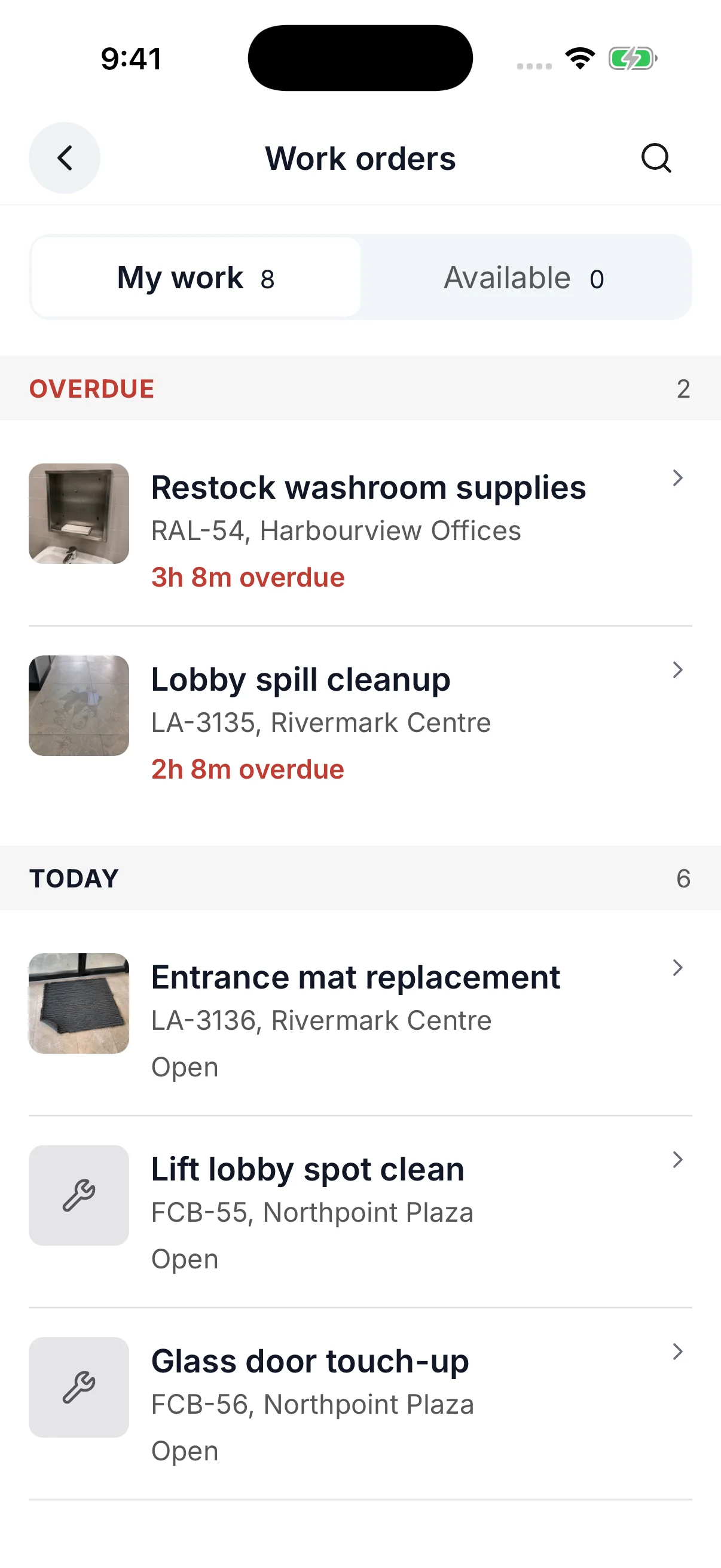 CleanLog mobile My work queue with task photos and five complete work-order rows grouped under Overdue and Today, using demonstration data