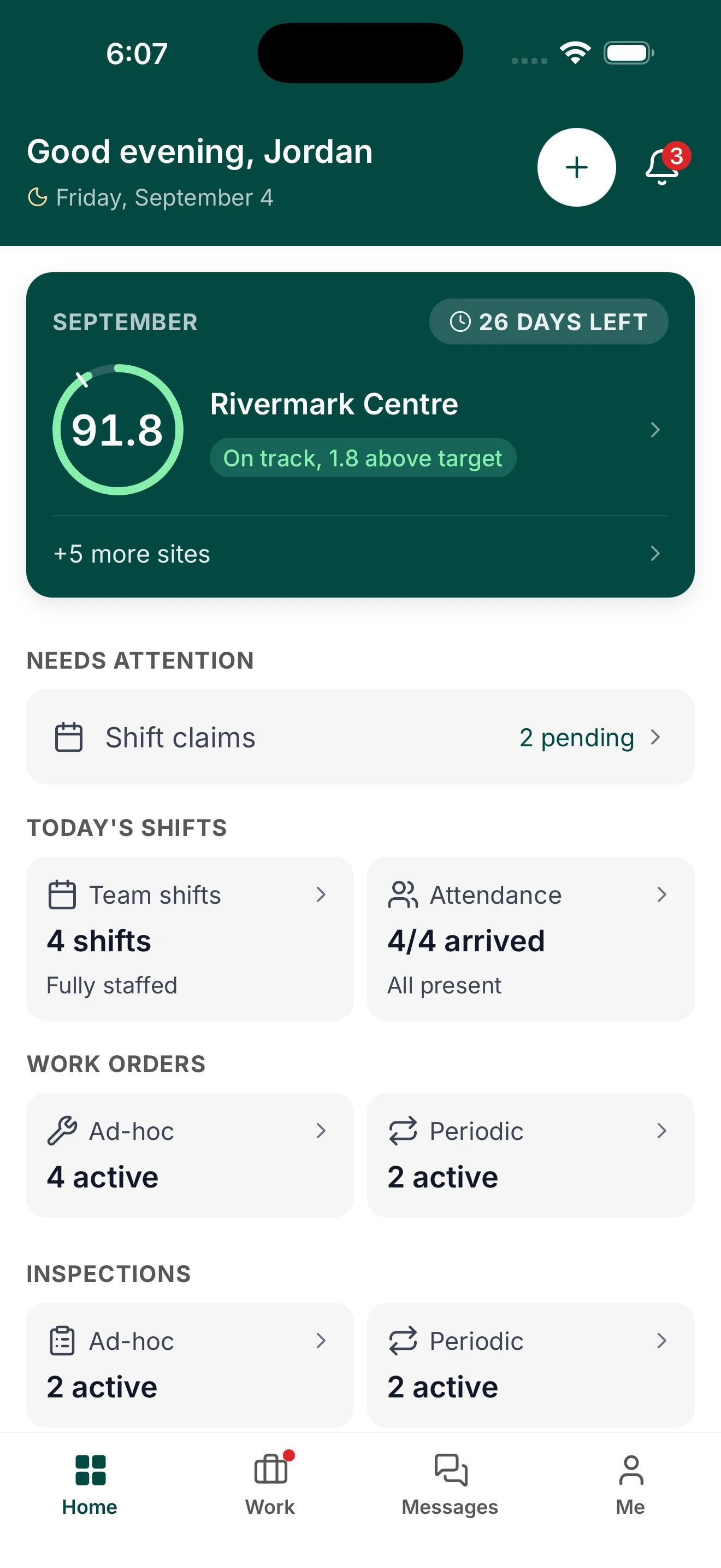 CleanLog mobile manager Home showing the same 91.8 Rivermark Centre contract score, shift claims, staffing, work orders, and inspections