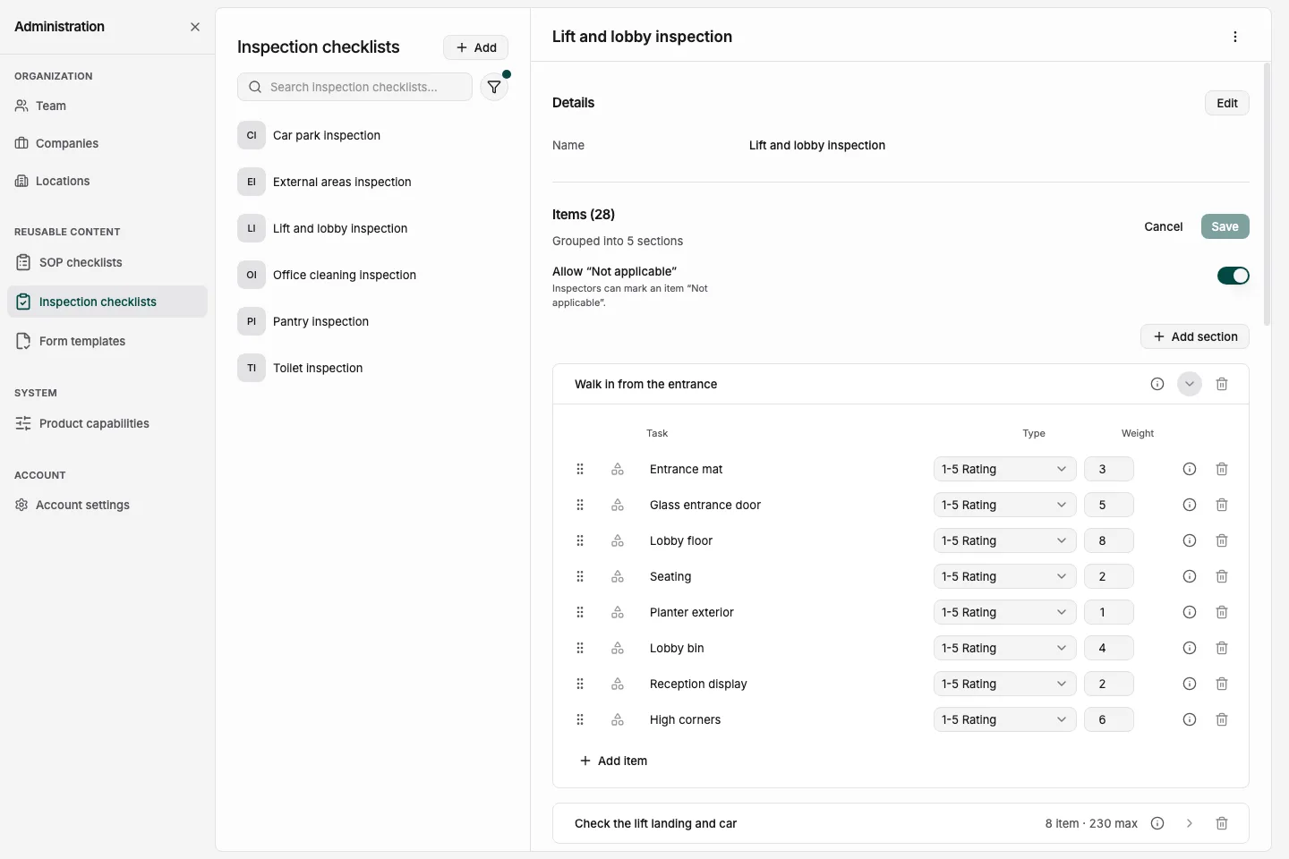 CleanLog checklist editor with the N/A option switched on, five sections and a weight on each inspection item
