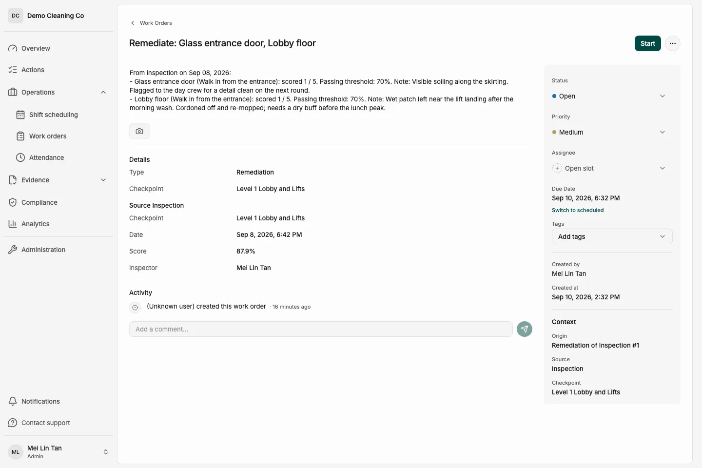 CleanLog remediation work order carrying the failed items and notes from its source inspection