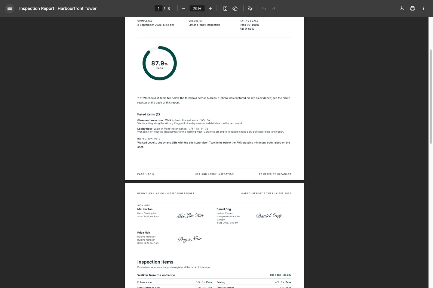 CleanLog inspection PDF with the completion date and time, rating scale and tier, and the signature page