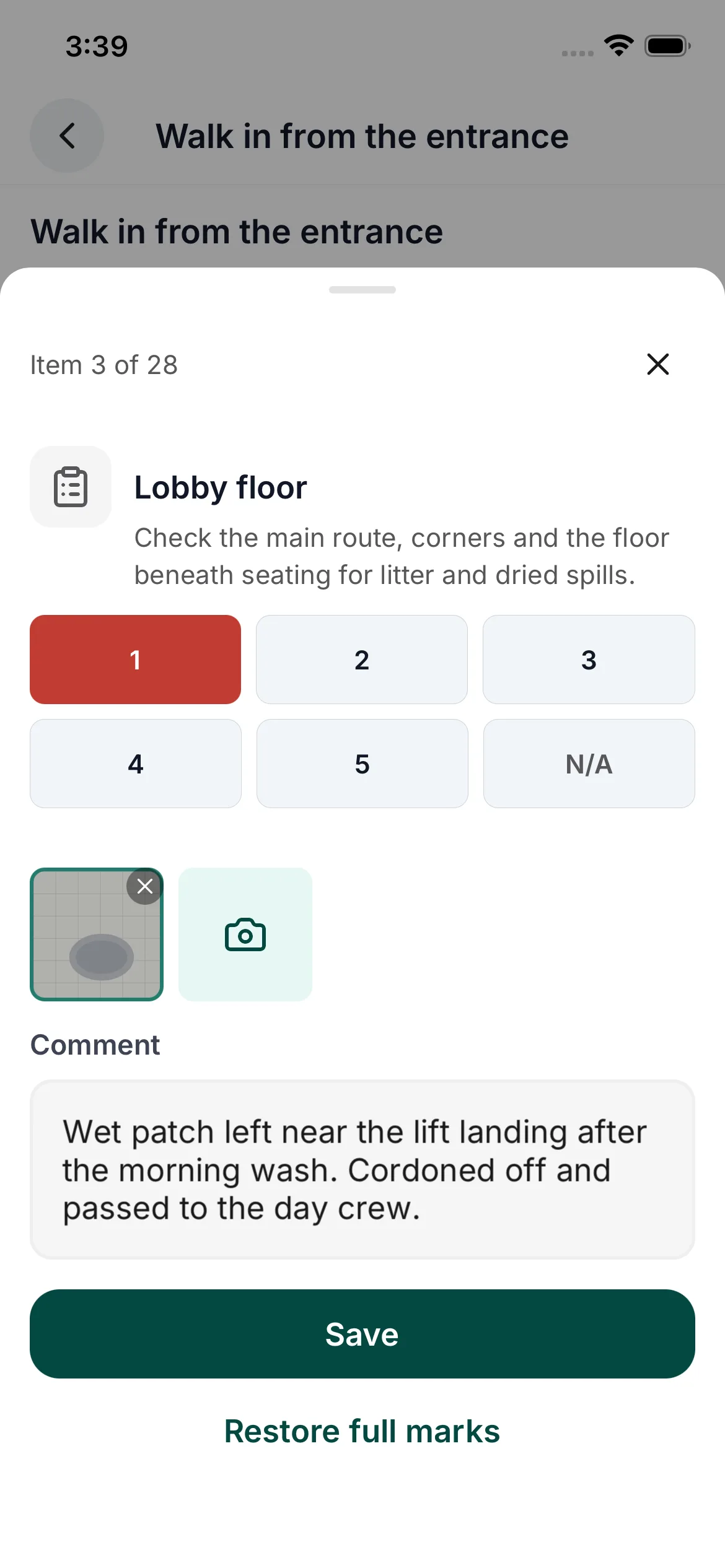 CleanLog phone inspection with a failed lobby floor check, its photo and note, and the N/A option