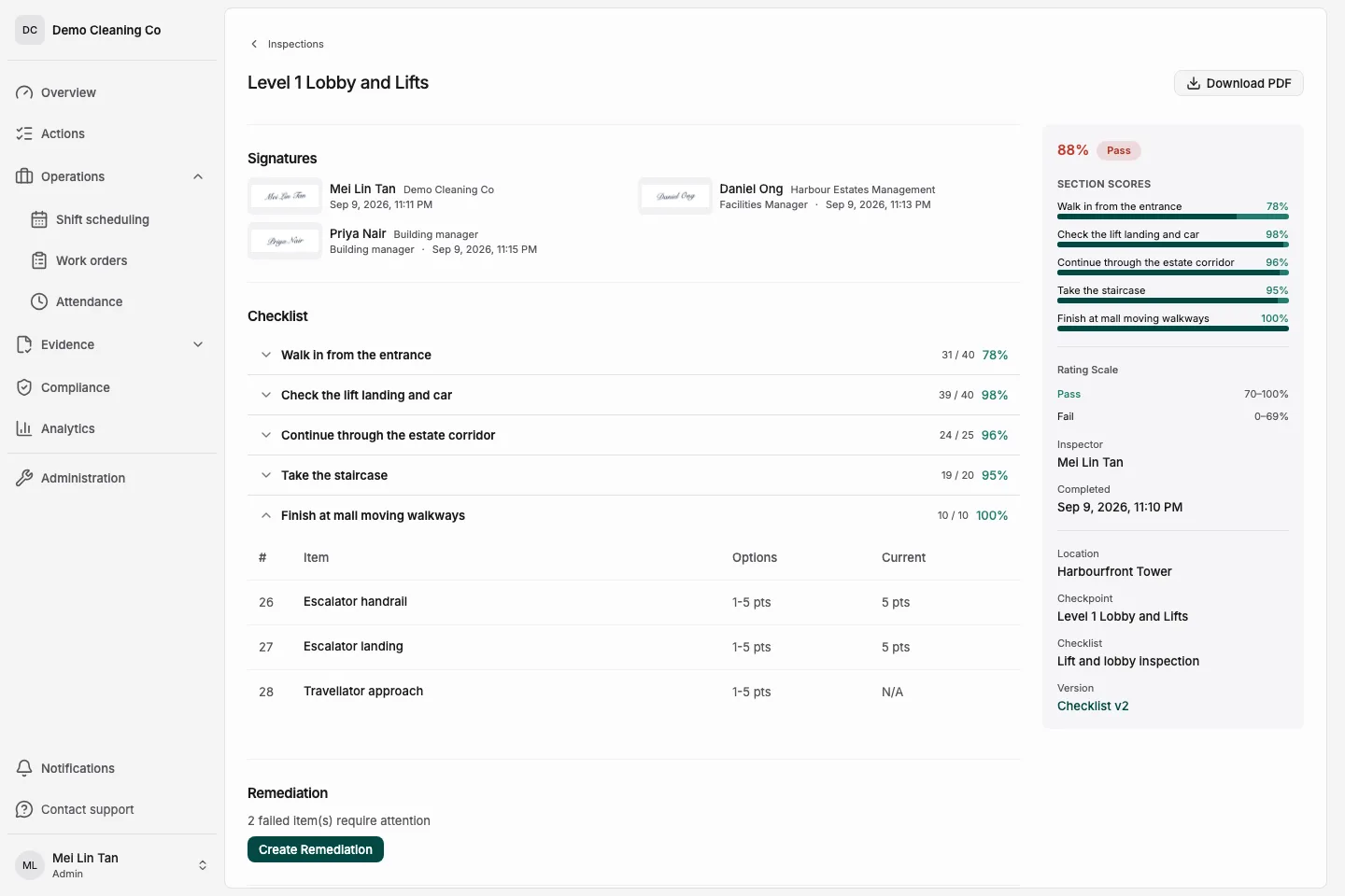 CleanLog scored inspection showing a percentage, passing minimum, rating tier and an item marked N/A