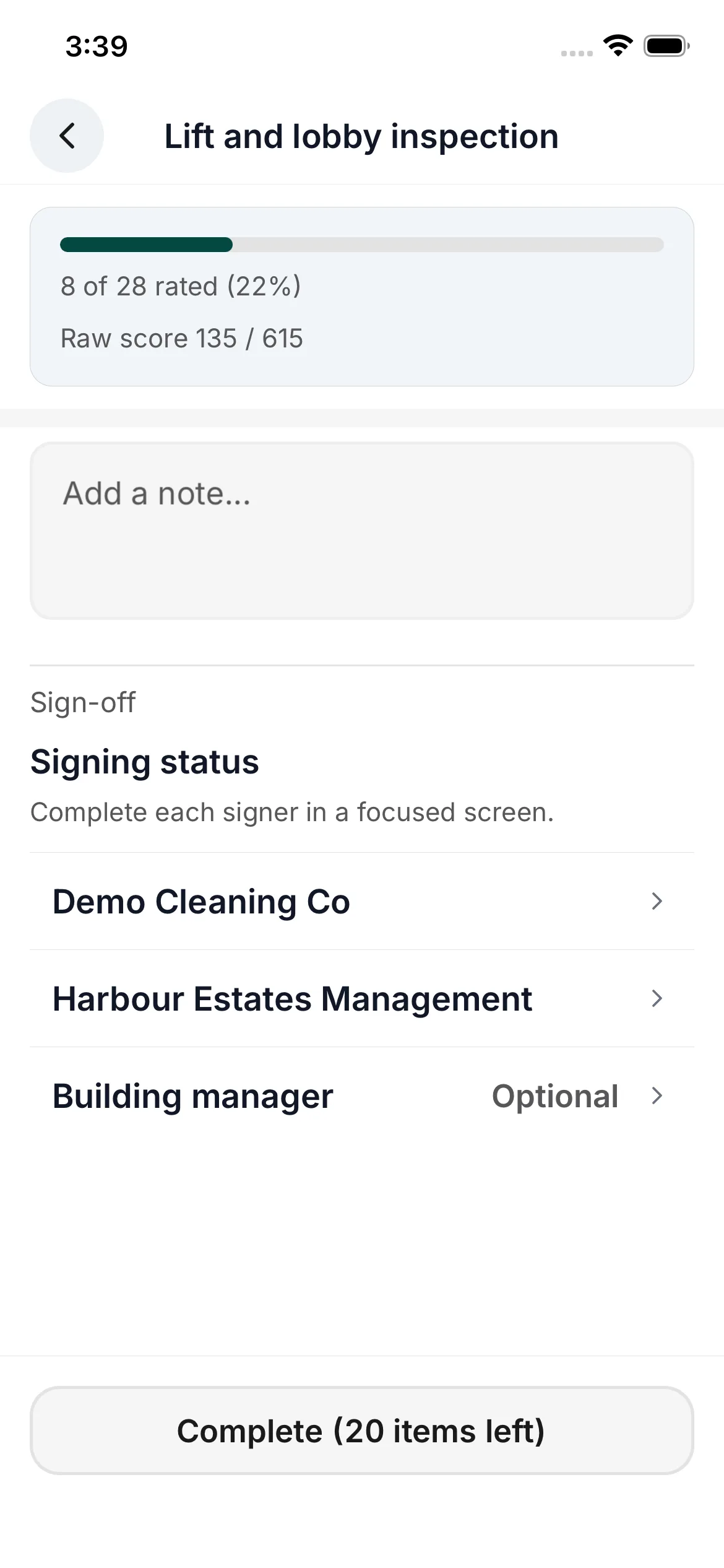 CleanLog phone inspection sign-off with three signer slots, the third marked optional