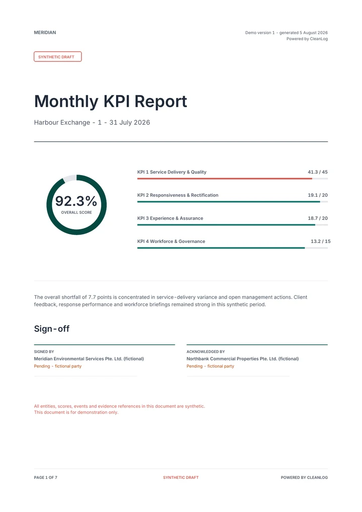 First page of an illustrative CleanLog monthly KPI report with the overall score and weighted KPI breakdown