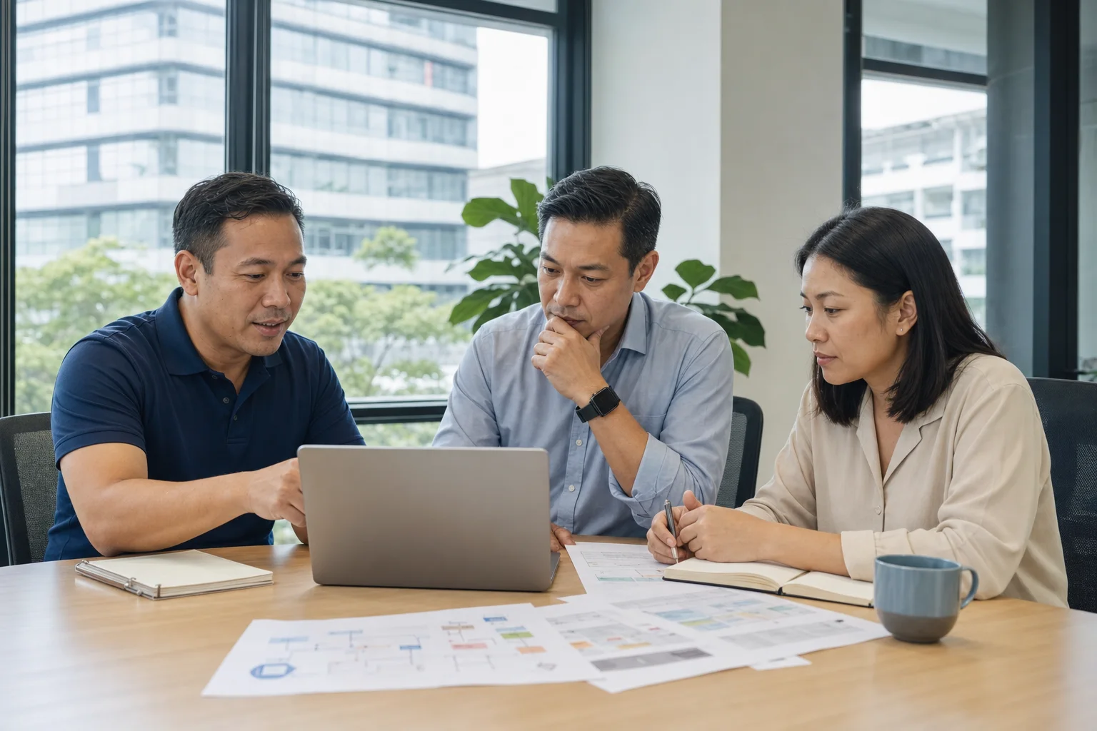 Commercial cleaning and facilities team reviewing a digitisation workflow in a Singapore office